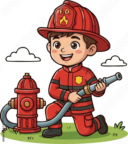 Cute Cartoon Firefighter Kid with Fire Hose and Hydrant – Children Fire Department Vector Illustration