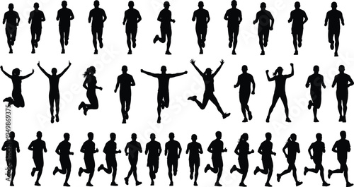 Running people silhouettes set, joggers and athletes in different poses, fitness running activity collection isolated vector illustration