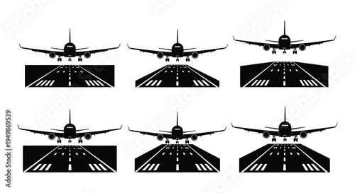 Black and white illustration depicting airplanes approaching and departing runways