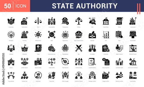State Authority Icon Set. aristocracy, authoritarian, rule, accountability, transparency and more. Glyph vector icons collection.