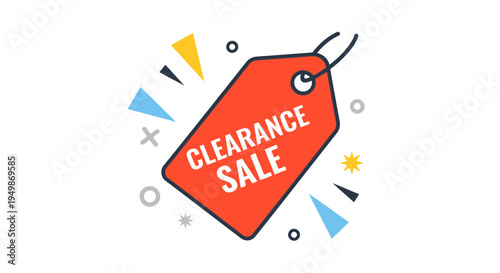 Clearance sale tag with colorful shapes.
