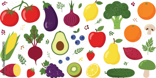 Healthy fruits and vegetables collection. Colorful organic food ingredients including tomato, avocado, broccoli, lemon, berries and corn. Fresh grocery produce for cooking and nutrition design.