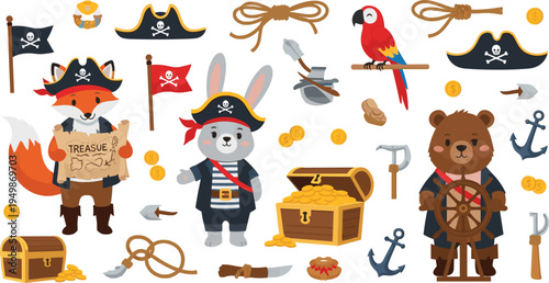 Cute Pirate Animal Adventure Collection with Fox Rabbit Bear Characters Treasure Chest Parrot Ship Wheel Coins and Pirate Accessories Vector Set