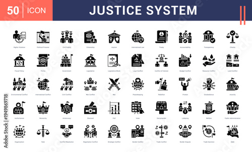 Justice System Icon Set. rights violation, political prisoner, civil rights, citizenship, asylum and more. Glyph vector icons collection.