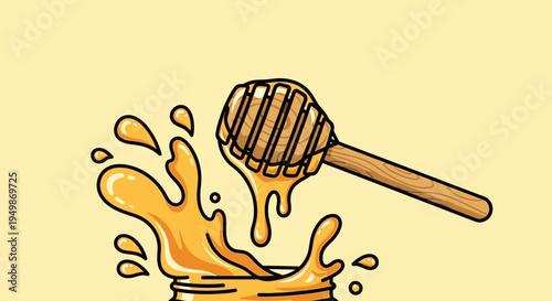 Honey dipper with dripping golden honey.