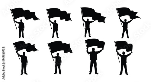 Silhouette figures raising black flags in a repeating pattern