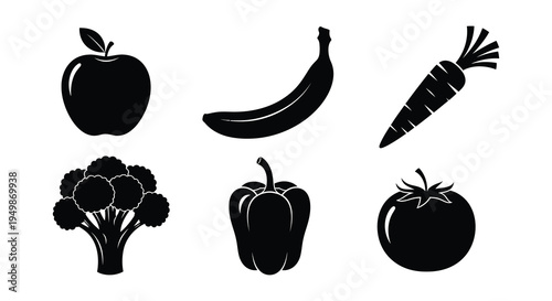 Black and white illustration depicting a variety of fruits and vegetables