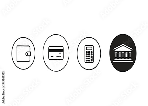 Financial icons representing a wallet, credit card, calculator, and bank building, perfect for business and finance related content