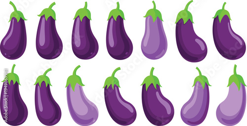 Eggplant varieties illustration set. Purple aubergine vegetables in different shapes and shades. Fresh organic farm produce for cooking ingredients, vegetarian food vegetable design.