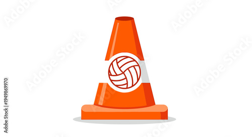 Volleyball on traffic cone sign.