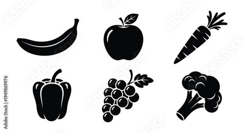 Black and white illustration depicting a variety of fruits and vegetables