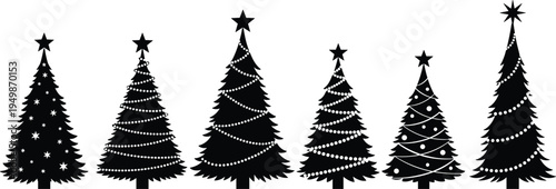 Christmas tree silhouettes set with decorations, festive holiday pine trees with garlands and star tops vector illustration