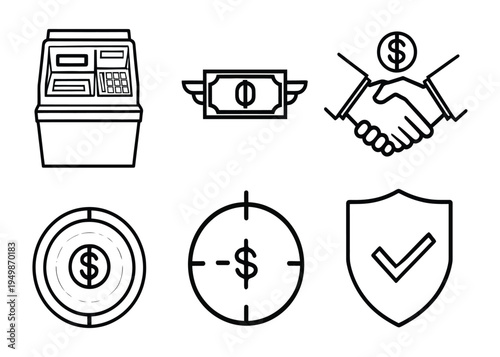 Money And Finance Icons Representing Transactions, Investments, And Security