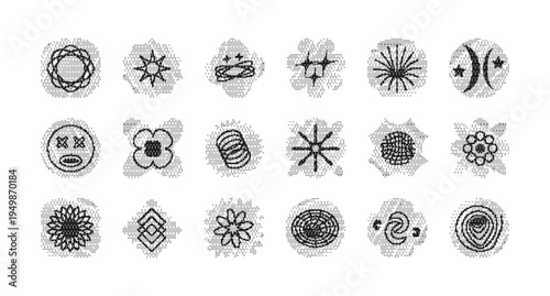 Bitmap halftone y2k sticker set. Dotted gradients shapes. Pixel stars, circle, smile. Dither effects. Abstract geometric elements pack. Forms with pixelated texture. Retro futuristic black decoration.