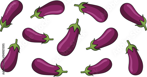Eggplant vegetable illustration set. Purple aubergines in different angles and positions. Fresh organic vegetables for cooking ingredients, healthy food graphics, and farm produce design.