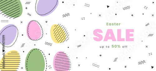 Easter sale text clipart banner design. Spring holiday shopping 50% off background with colorful eggs and simple geometric shapes. Vector illustration memphis style.