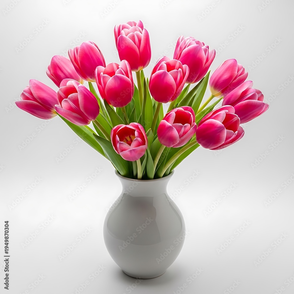 Obraz premium Fresh pink tulips arranged in a white vase on a clean background