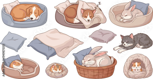 Cute Sleeping Pets Cartoon Set with Dog Cat Rabbit Hamster Resting in Cozy Beds Blankets Pillows Adorable Animal Vector Illustration Collection