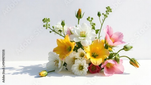 Vibrant floral arrangement with yellow, pink, and white blooms.