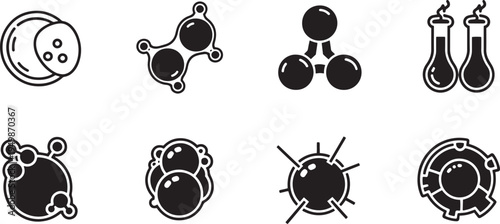 A set of vector line art silhouettes depicting various scientific and chemical symbols and objects