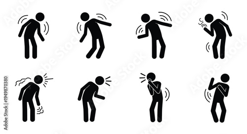 Stick figures depicting various states of physical discomfort and pain