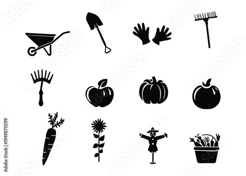 Set of vector icons representing garden tools, vegetables, and autumn harvest elements on a white background