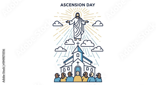 Ascension Day Jesus Rises to Heaven Above Church with Followers
