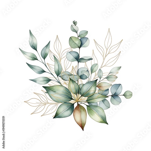 Beautiful hand-painted botanical photo with green and gold leaf patterns