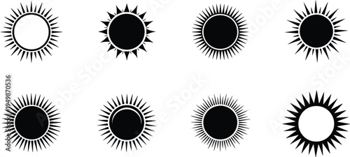 A set of vector sun silhouettes in various line art styles and designs for creative projects