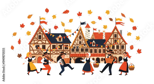 Autumn Festival in Medieval Town with Dancing People and Music