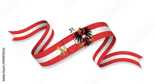 Austrian flag ribbon banner with coat of arms, white background, national symbol