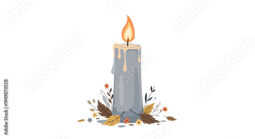 Autumn Candle Flame with Falling Leaves and Flowers