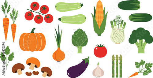 Flat vegetable icon collection. Fresh organic farm vegetables including carrot, tomato, corn, broccoli, eggplant and pumpkin. Healthy food ingredients set for cooking, grocery, and vegetarian design.