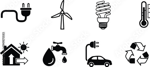 A set of eco-friendly vector icons for sustainable living and energy conservation