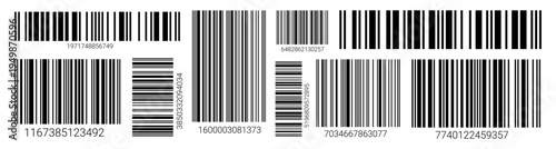 EAN-13 barcode label set with black lines on white background. Clean vector code design for product scanning, pricing, and retail inventory identification systems