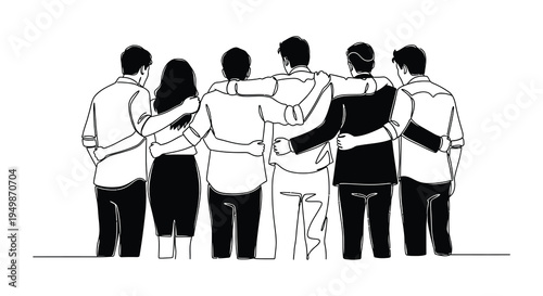 A group of people stand together with arms around each other