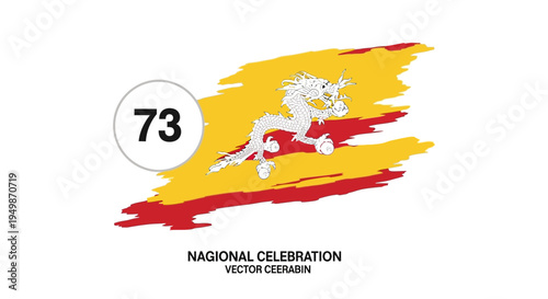 Bhutan Flag With Number 73 - National Celebration, Dragon Symbol