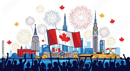 Canada Day Celebration: Fireworks, Canadian Flag, and City Skyline with Crowd