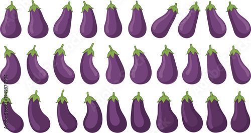 Eggplant vegetable set. Fresh aubergine icons in different shapes. Flat cartoon purple eggplants collection for grocery, cooking ingredients and healthy food design.