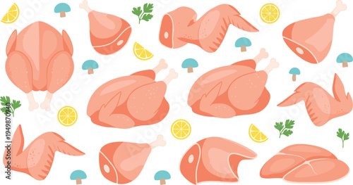 Raw chicken meat set. Whole chicken, wings, legs and fillet cuts. Flat cartoon butcher collection with mushrooms, lemon slices and herbs.