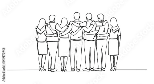 A group of people stand together with arms around each other