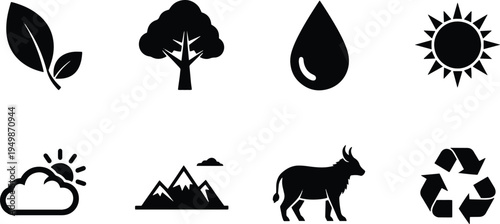 A set of vector line art silhouettes depicting eco friendly symbols and nature icons in black.