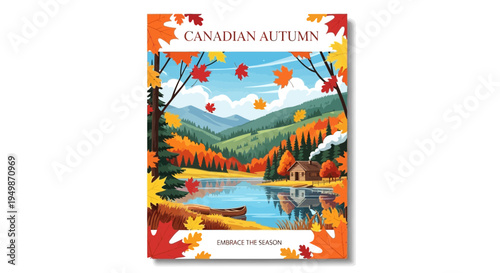 Canadian Autumn Landscape: Lakeside Cabin & Falling Leaves
