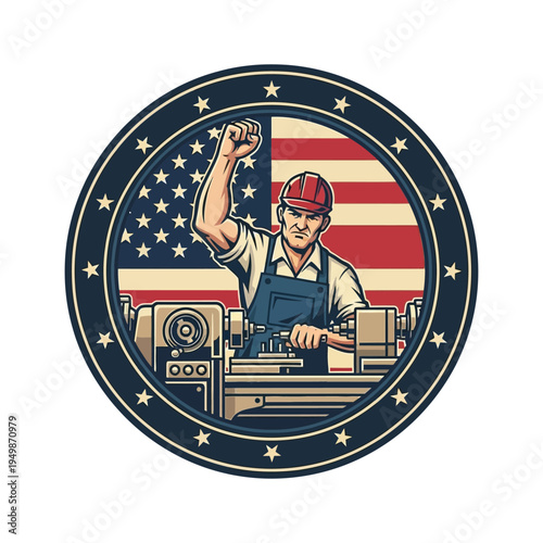 American worker celebrating manufacturing with patriotic symbols