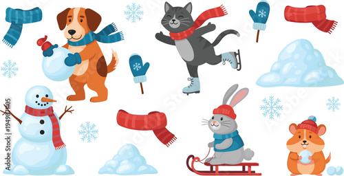 Cute Winter Animal Characters Collection with Dog Cat Rabbit Hamster Snowman Scarf Gloves and Snow Cartoon Vector Illustration Set