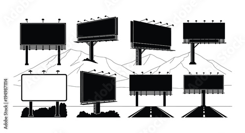 Black and white illustration of multiple billboards against a mountain range