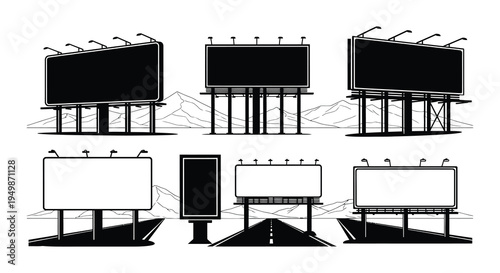 Black and white illustration of multiple billboards against a mountain range
