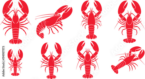 Red lobster vector icon collection. Different lobster poses and silhouettes in flat style. Marine seafood crustacean graphics for restaurant menu, seafood branding and nautical design.