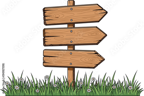 wooden direction signpost vector illustration, rustic arrow sign boards in grass, blank wooden guidepost for directions navigation design