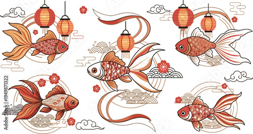 Elegant Koi Fish Asian Style Vector Illustration Set Featuring Japanese Lanterns, Waves, Clouds and Traditional Oriental Decorative Elements